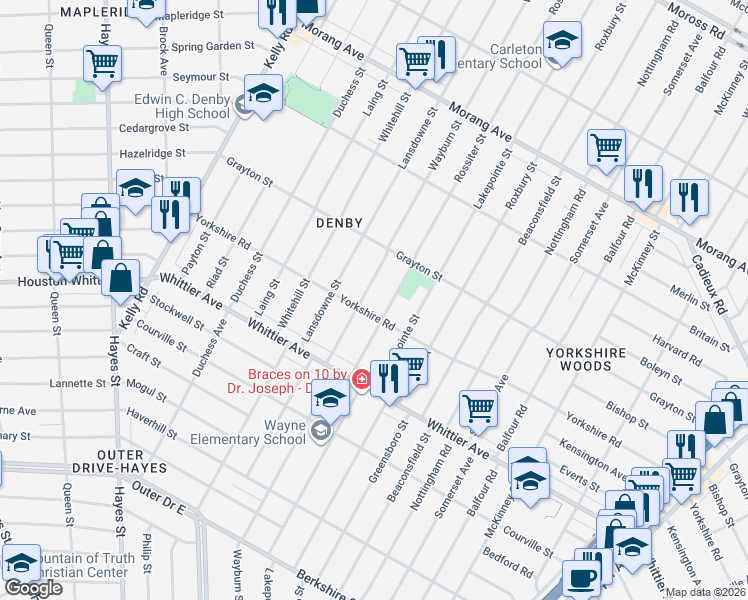 map of restaurants, bars, coffee shops, grocery stores, and more near 11203 Wayburn Avenue in Detroit