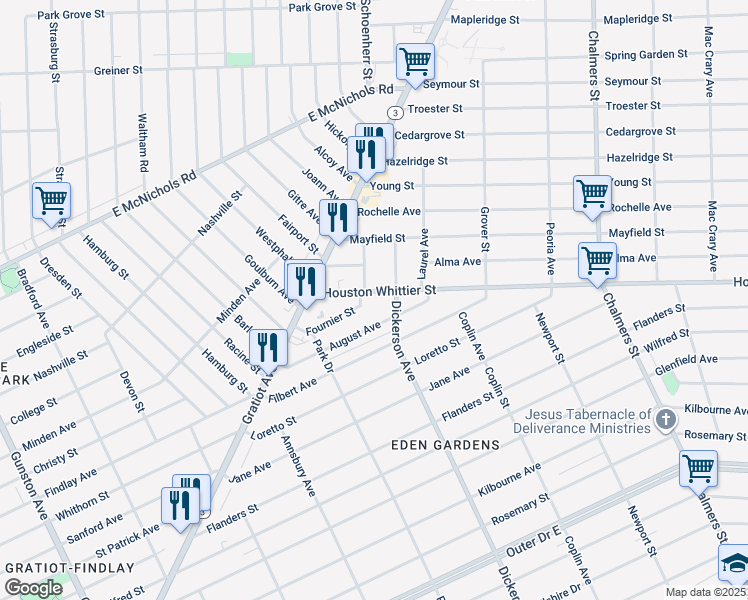 map of restaurants, bars, coffee shops, grocery stores, and more near 13034 Houston Whittier Street in Detroit