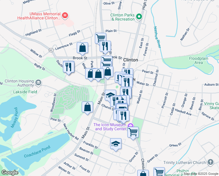 map of restaurants, bars, coffee shops, grocery stores, and more near 617 Main Street in Clinton