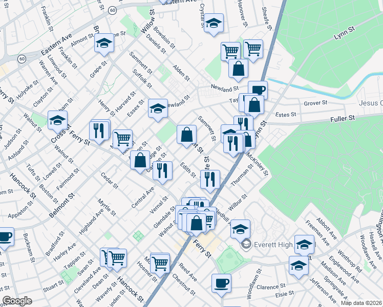 map of restaurants, bars, coffee shops, grocery stores, and more near 25 Newton Street in Everett