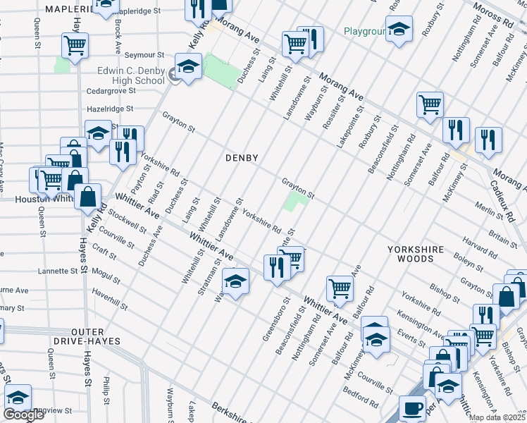 map of restaurants, bars, coffee shops, grocery stores, and more near 11203 Wayburn Avenue in Detroit