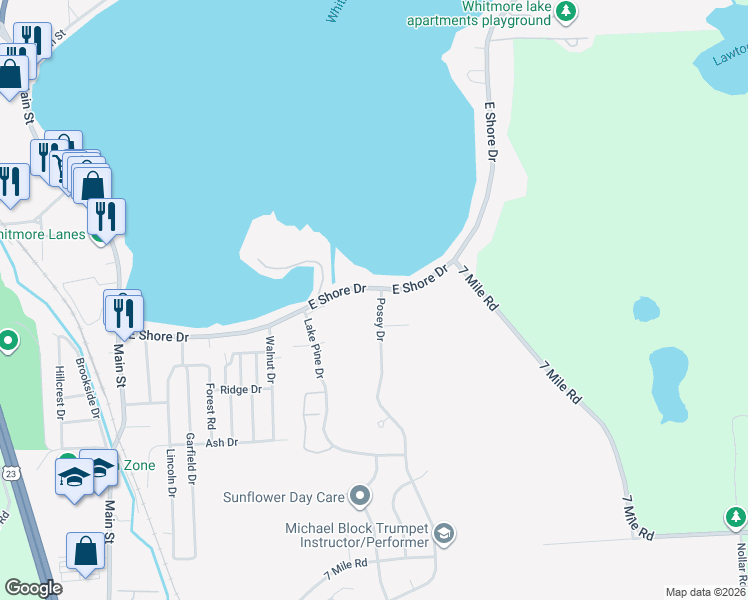 map of restaurants, bars, coffee shops, grocery stores, and more near 300 East Shore Drive in Whitmore Lake