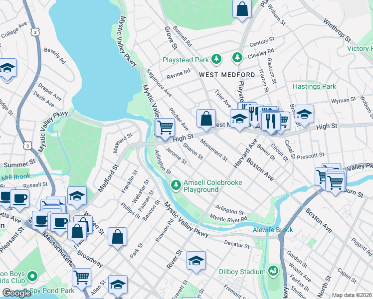 map of restaurants, bars, coffee shops, grocery stores, and more near 17 Sharon Street in Medford