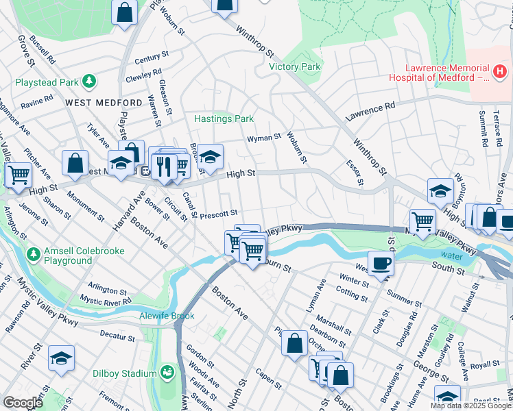 map of restaurants, bars, coffee shops, grocery stores, and more near 54 Prescott Street in Medford