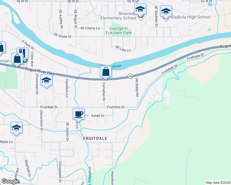 map of restaurants, bars, coffee shops, grocery stores, and more near 1587 Alexander Lane in Grants Pass
