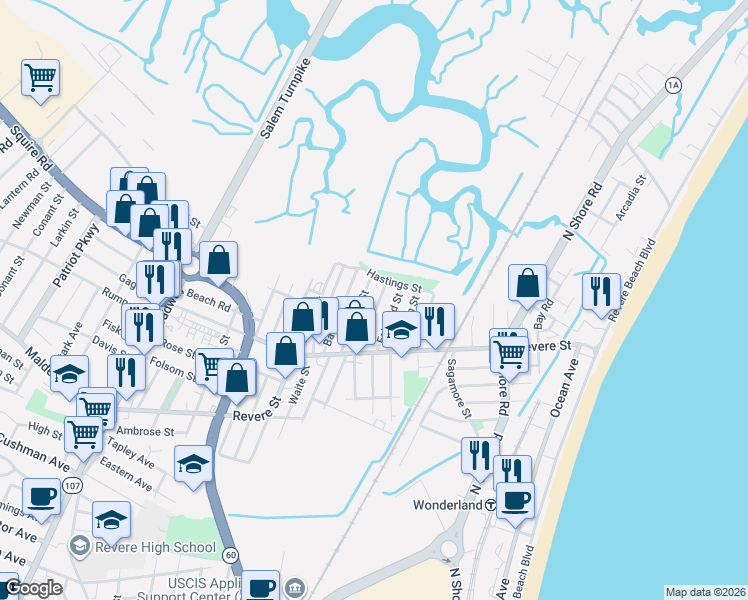 map of restaurants, bars, coffee shops, grocery stores, and more near 57 Thorndike Street in Revere