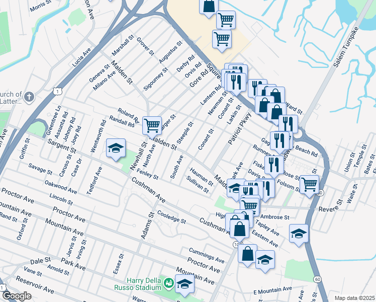 map of restaurants, bars, coffee shops, grocery stores, and more near 226 Malden Street in Revere