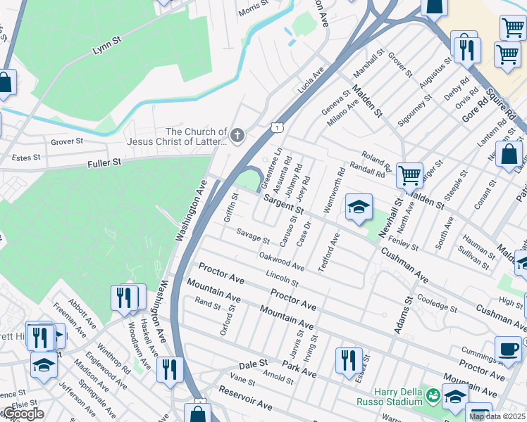 map of restaurants, bars, coffee shops, grocery stores, and more near 24 Richie Road in Revere