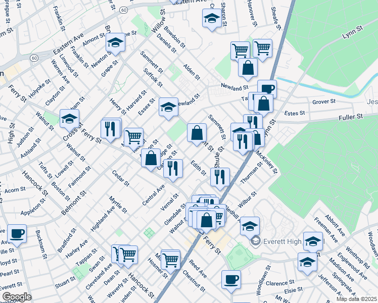 map of restaurants, bars, coffee shops, grocery stores, and more near 10 Newton Street in Everett