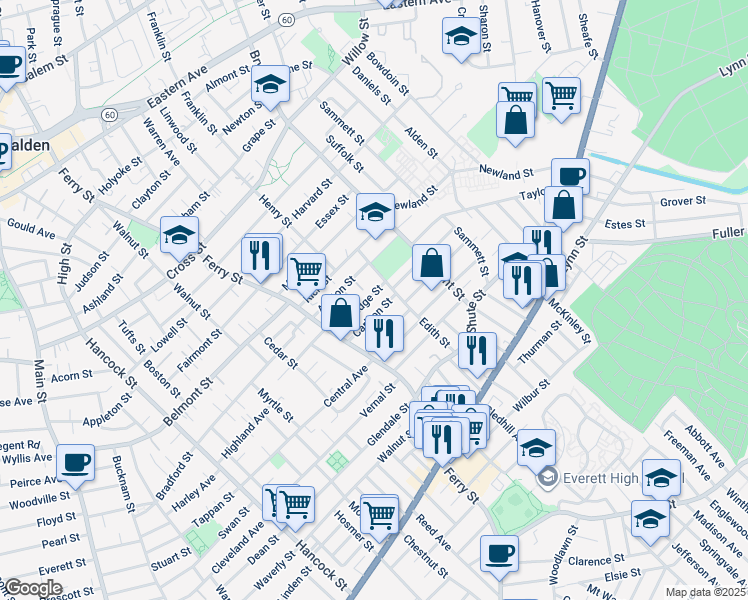 map of restaurants, bars, coffee shops, grocery stores, and more near 49 Carlson Street in Everett