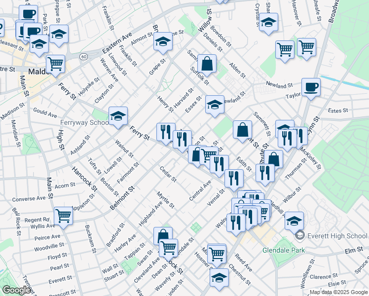map of restaurants, bars, coffee shops, grocery stores, and more near 16 Ashton Street in Everett