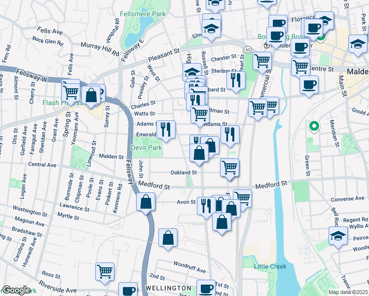 map of restaurants, bars, coffee shops, grocery stores, and more near 187 West Street in Malden