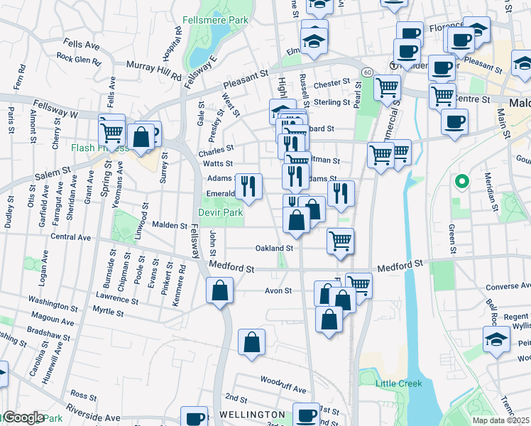 map of restaurants, bars, coffee shops, grocery stores, and more near 187 West Street in Malden