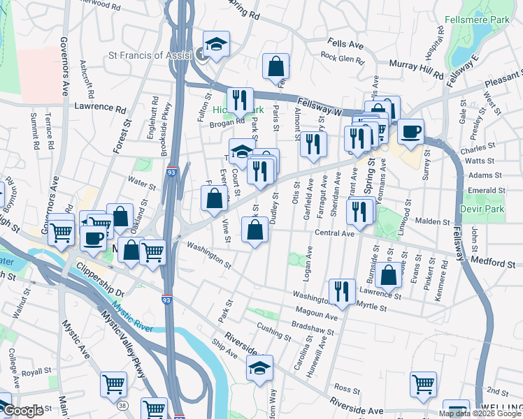 map of restaurants, bars, coffee shops, grocery stores, and more near 167 Park Street in Medford