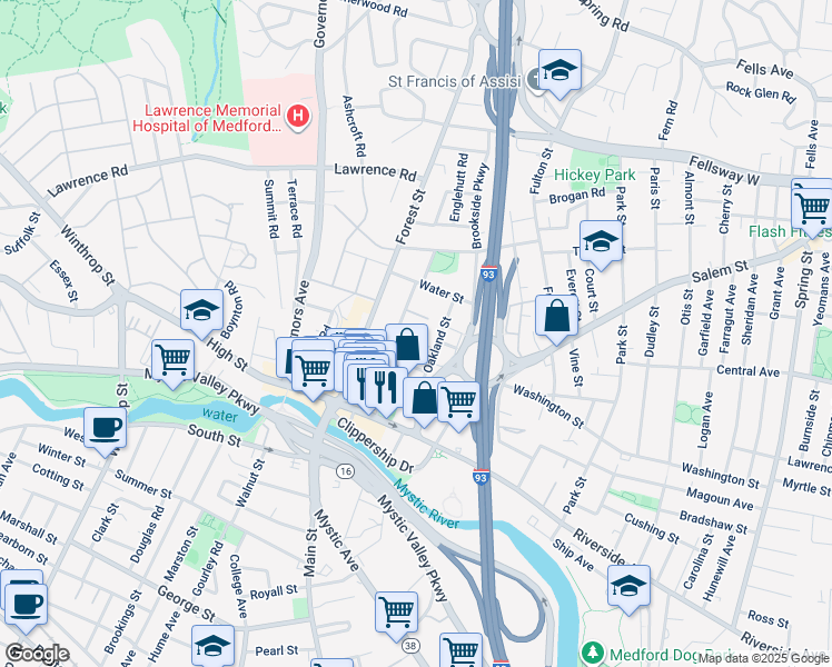 map of restaurants, bars, coffee shops, grocery stores, and more near 34 Oakland Street in Medford