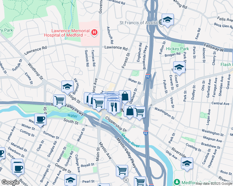 map of restaurants, bars, coffee shops, grocery stores, and more near 38 Ashland Street in Medford