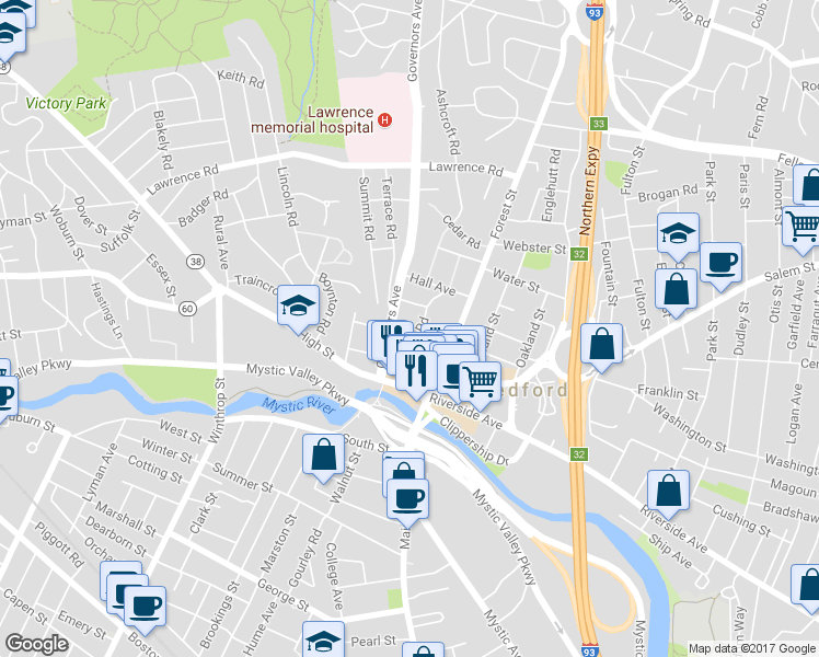 map of restaurants, bars, coffee shops, grocery stores, and more near 15 Governors Avenue in Medford