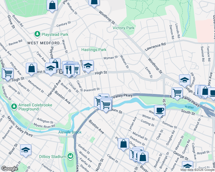map of restaurants, bars, coffee shops, grocery stores, and more near 54 Prescott Street in Medford