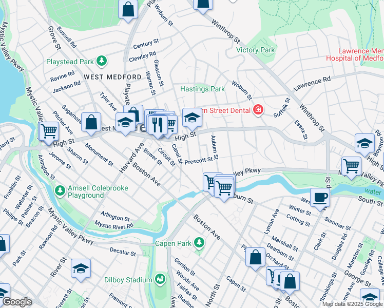 map of restaurants, bars, coffee shops, grocery stores, and more near 24 Canal Street in Medford