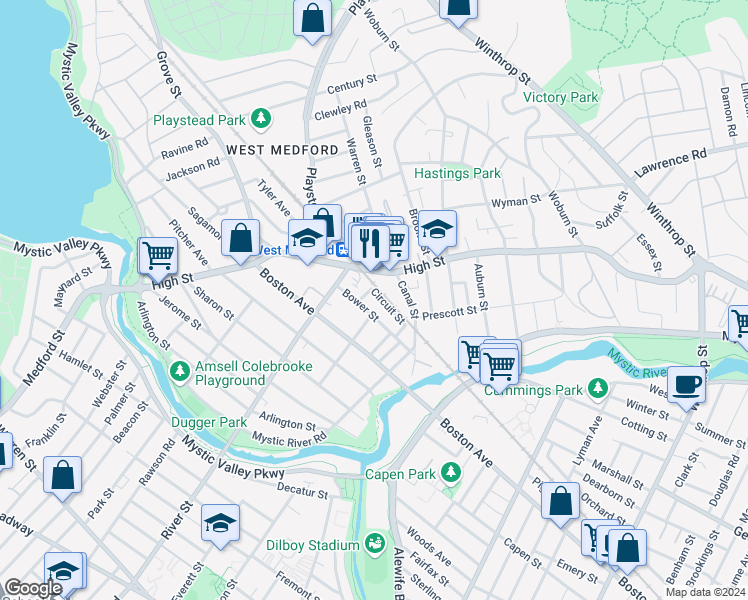 map of restaurants, bars, coffee shops, grocery stores, and more near 30 Circuit Street in Medford
