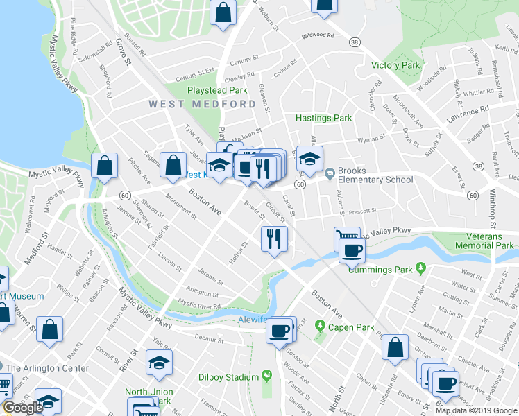 map of restaurants, bars, coffee shops, grocery stores, and more near 23 Bower Street in Medford