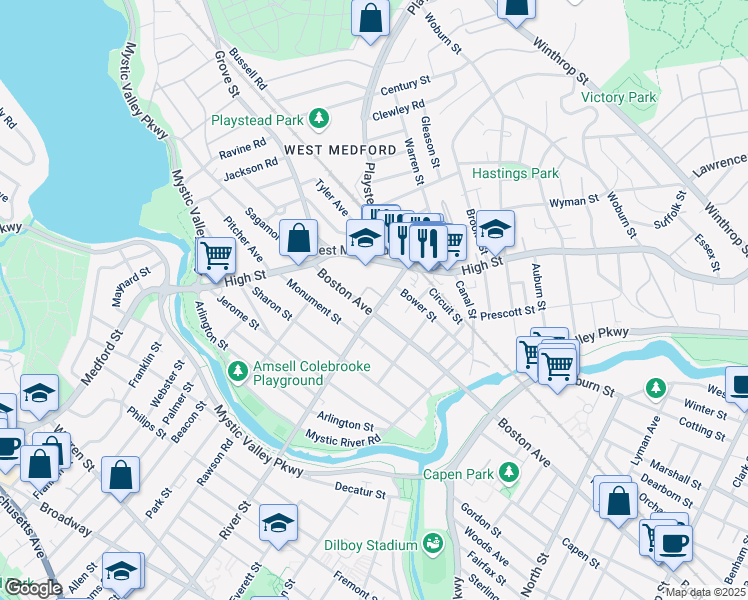 map of restaurants, bars, coffee shops, grocery stores, and more near 51 Harvard Avenue in Medford