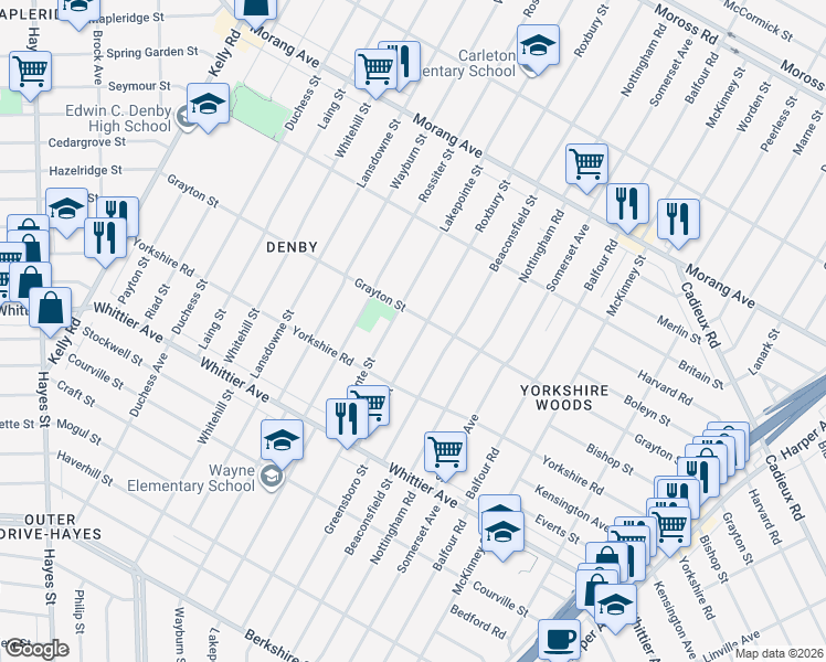 map of restaurants, bars, coffee shops, grocery stores, and more near 11012 Roxbury Street in Detroit