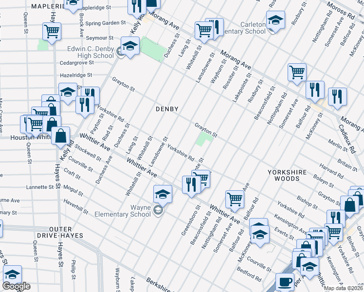 map of restaurants, bars, coffee shops, grocery stores, and more near 11203 Wayburn Avenue in Detroit