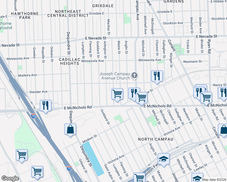 map of restaurants, bars, coffee shops, grocery stores, and more near 17186 Mackay Street in Detroit
