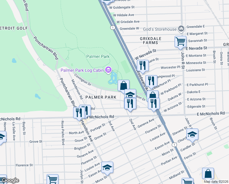 map of restaurants, bars, coffee shops, grocery stores, and more near 681 Covington Drive in Detroit