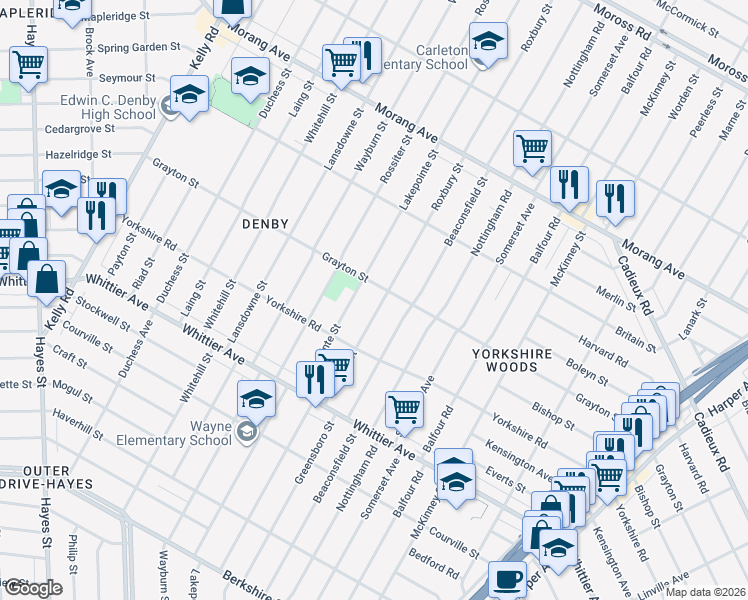 map of restaurants, bars, coffee shops, grocery stores, and more near 11012 Roxbury Street in Detroit