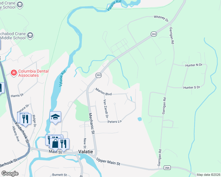 map of restaurants, bars, coffee shops, grocery stores, and more near 27 Nursery Ln in Valatie