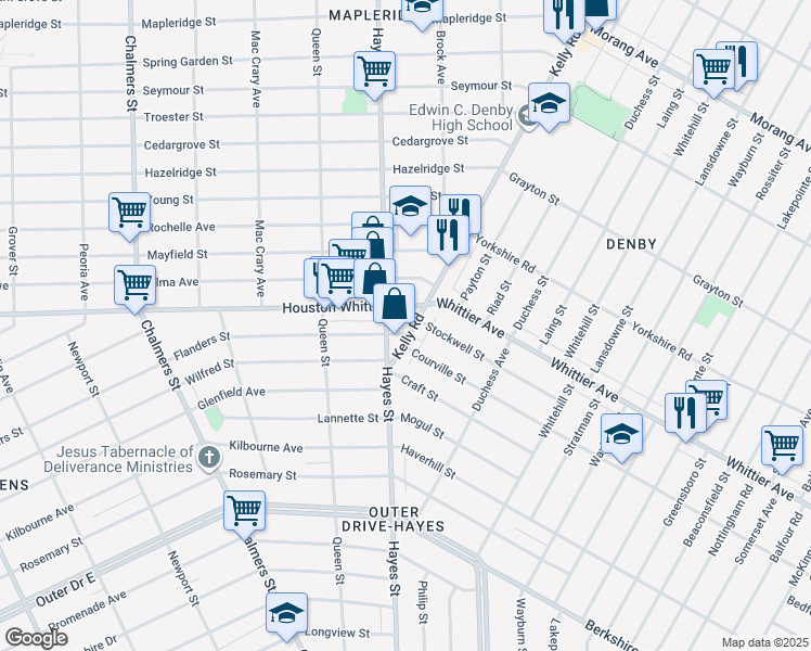 map of restaurants, bars, coffee shops, grocery stores, and more near 15017 Flanders Street in Detroit