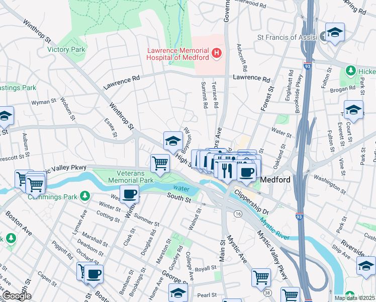 map of restaurants, bars, coffee shops, grocery stores, and more near 15 Boynton Road in Medford