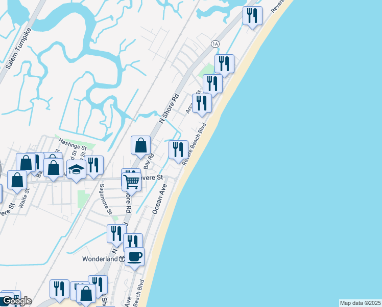 map of restaurants, bars, coffee shops, grocery stores, and more near 350 Revere Beach Boulevard in Revere