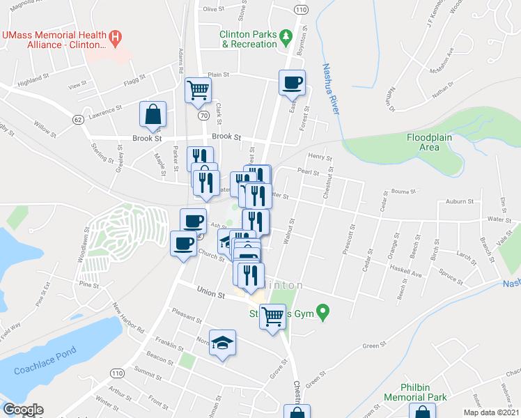 map of restaurants, bars, coffee shops, grocery stores, and more near 15 Richardson Place in Clinton