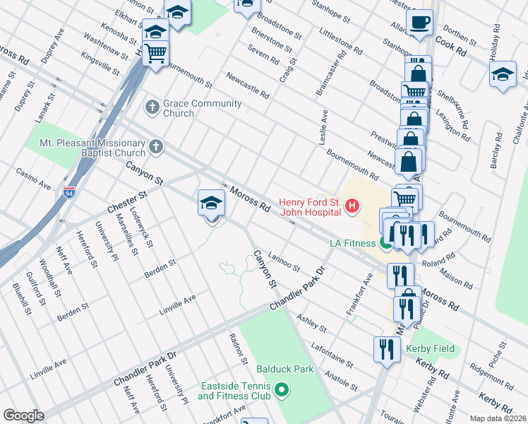 map of restaurants, bars, coffee shops, grocery stores, and more near 6024 Hillcrest Street in Grosse Pointe