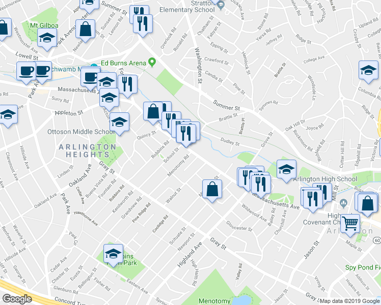 map of restaurants, bars, coffee shops, grocery stores, and more near 3 Menotomy Road in Arlington