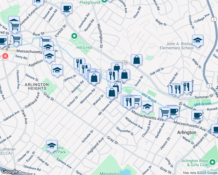map of restaurants, bars, coffee shops, grocery stores, and more near 995 Massachusetts Avenue in Arlington
