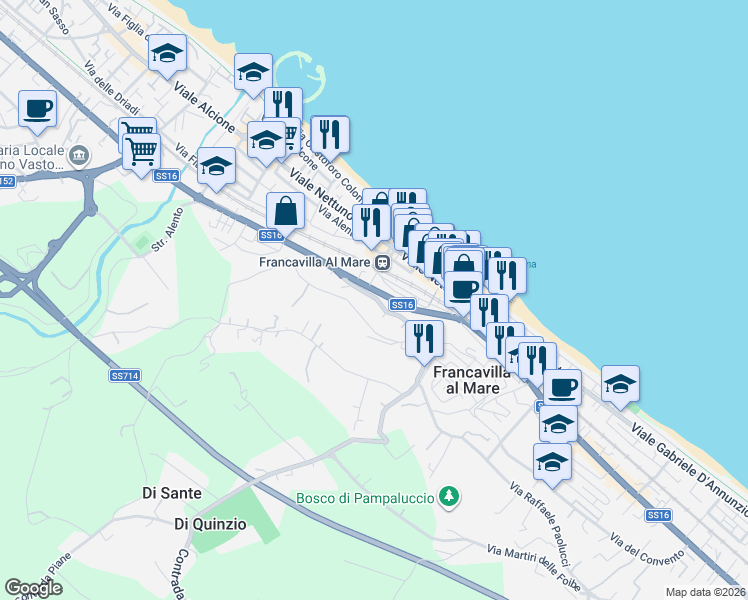 map of restaurants, bars, coffee shops, grocery stores, and more near 54 Salita San Franco in Francavilla al Mare