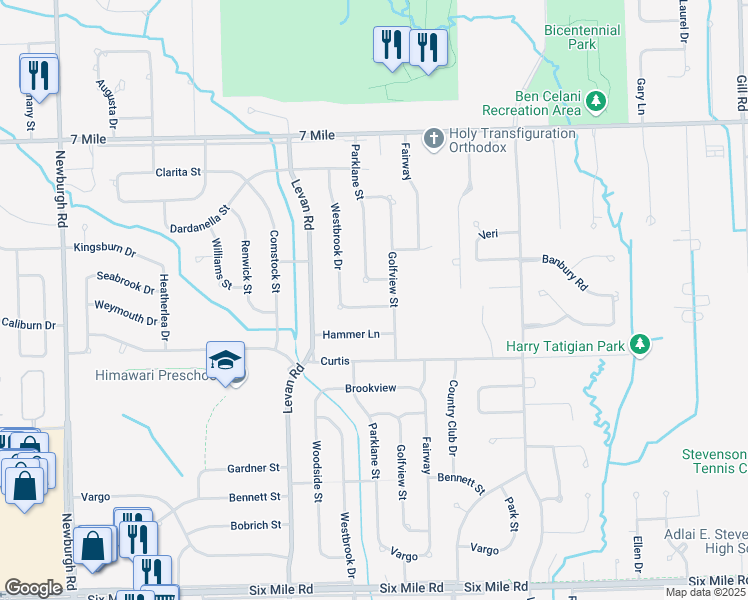 map of restaurants, bars, coffee shops, grocery stores, and more near 36272 Pickford Street in Livonia