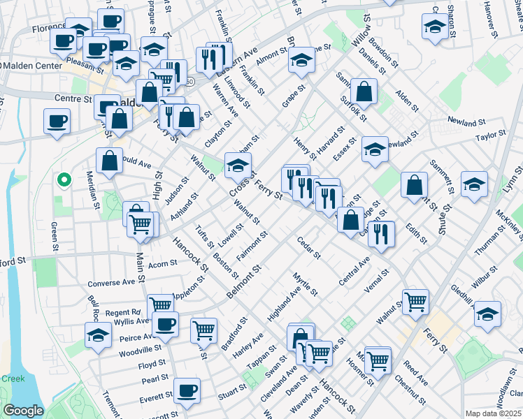 map of restaurants, bars, coffee shops, grocery stores, and more near 11 Winthrop Street in Malden