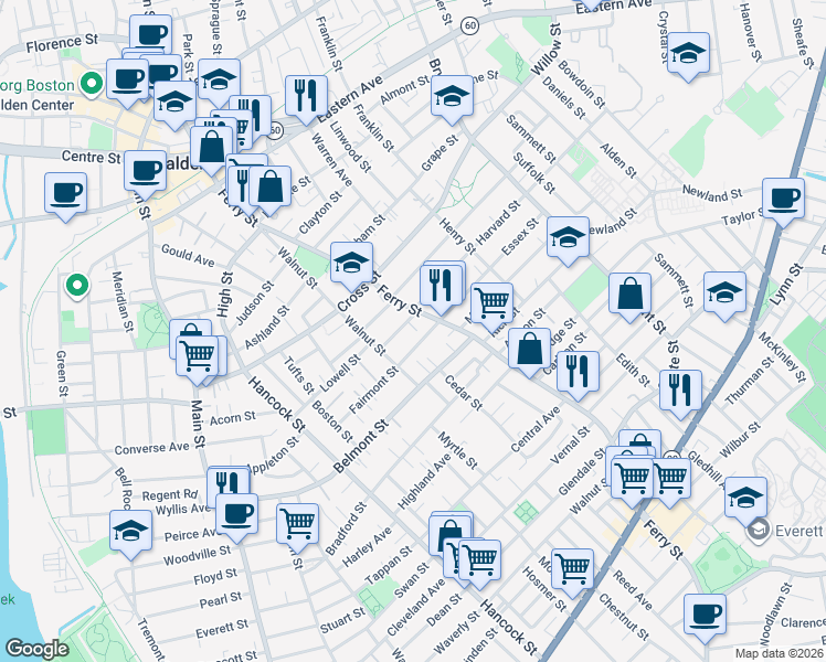 map of restaurants, bars, coffee shops, grocery stores, and more near 99 Fairmont Street in Malden