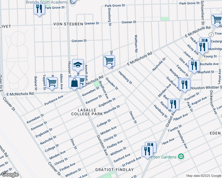 map of restaurants, bars, coffee shops, grocery stores, and more near 12032 Kenmoor Street in Detroit
