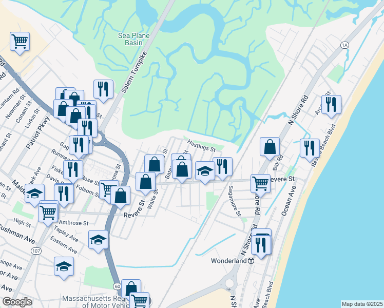 map of restaurants, bars, coffee shops, grocery stores, and more near 57 Thorndike Street in Revere