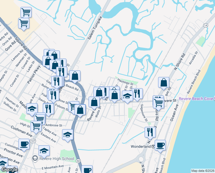 map of restaurants, bars, coffee shops, grocery stores, and more near 55 Bates Street in Revere