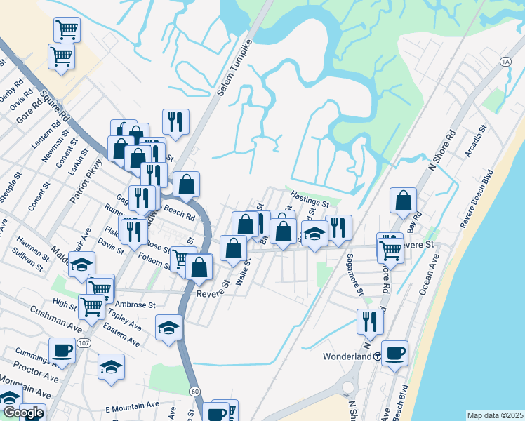 map of restaurants, bars, coffee shops, grocery stores, and more near 55 Bates Street in Revere