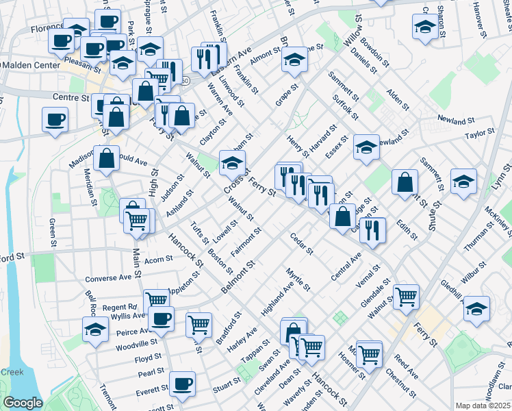 map of restaurants, bars, coffee shops, grocery stores, and more near 11 Winthrop Street in Malden