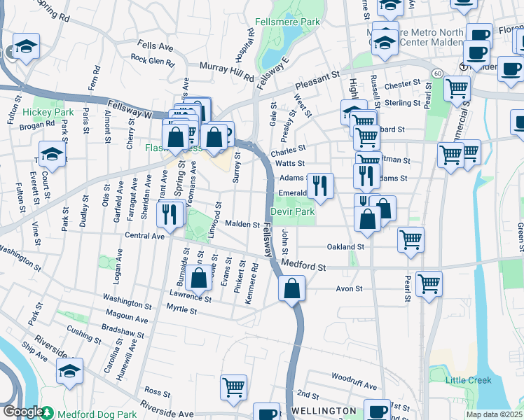 map of restaurants, bars, coffee shops, grocery stores, and more near in Middlesex County