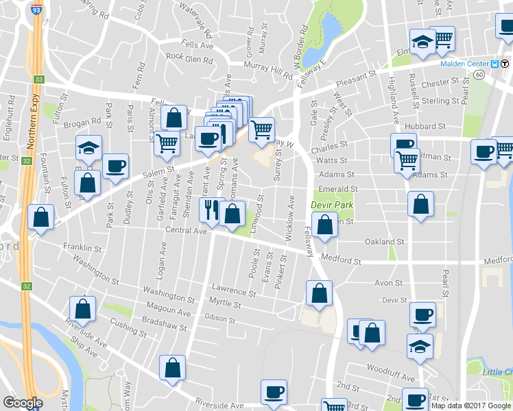 map of restaurants, bars, coffee shops, grocery stores, and more near 44 Linwood Street in Medford